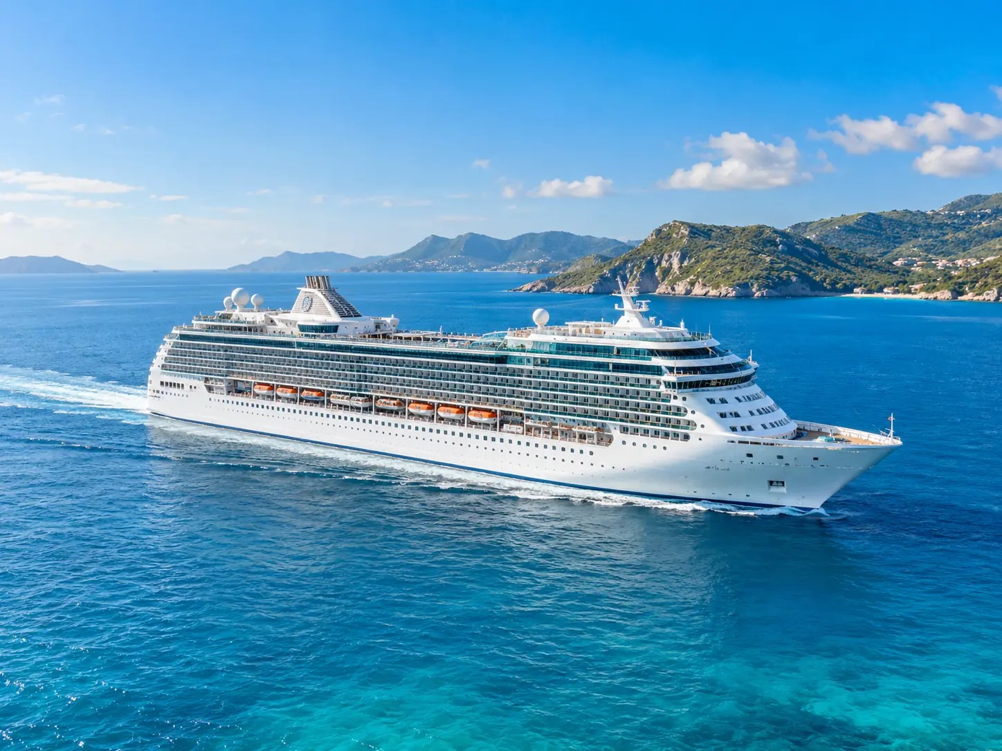 Crucero navegando por un mar azul frente a la costa